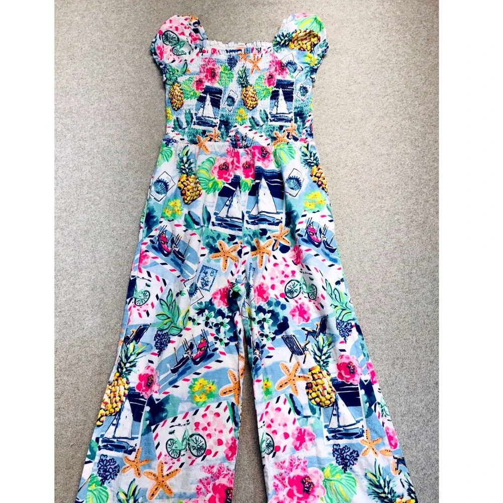 Gymboree Girls Size 12 Linen Blend Smocked Nautical Tropical Wide Leg Jumpsuit